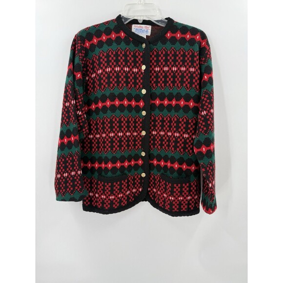 Vintage 90s Tally-Ho Womens Cardigan Sweater Fair Isle Navy Red Green MEDIUM - Picture 1 of 10